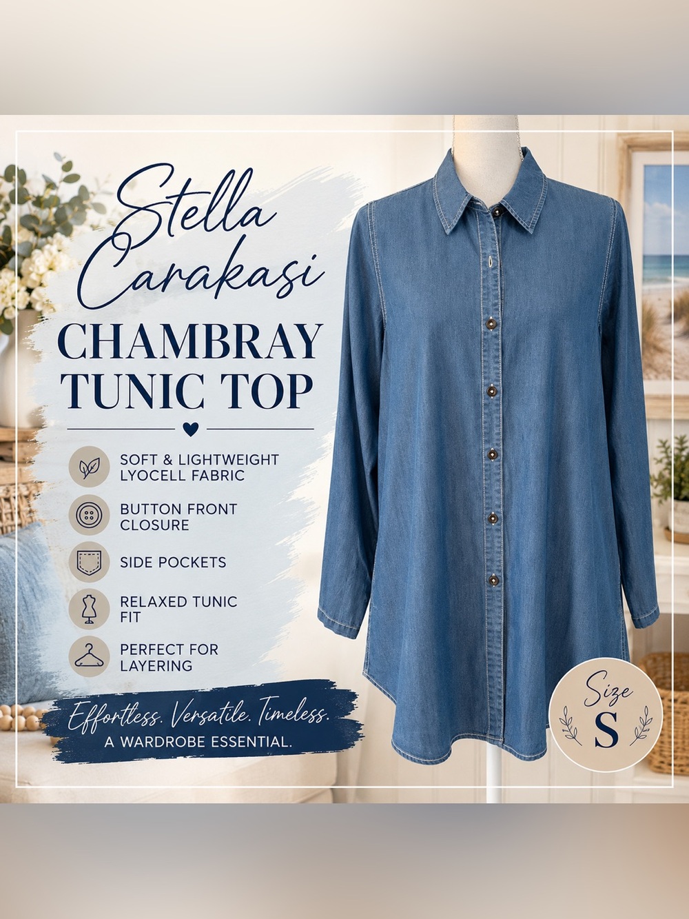 Stella Carakasi Chambray Lyocell Tunic Top S Small Blue Button Front Pockets